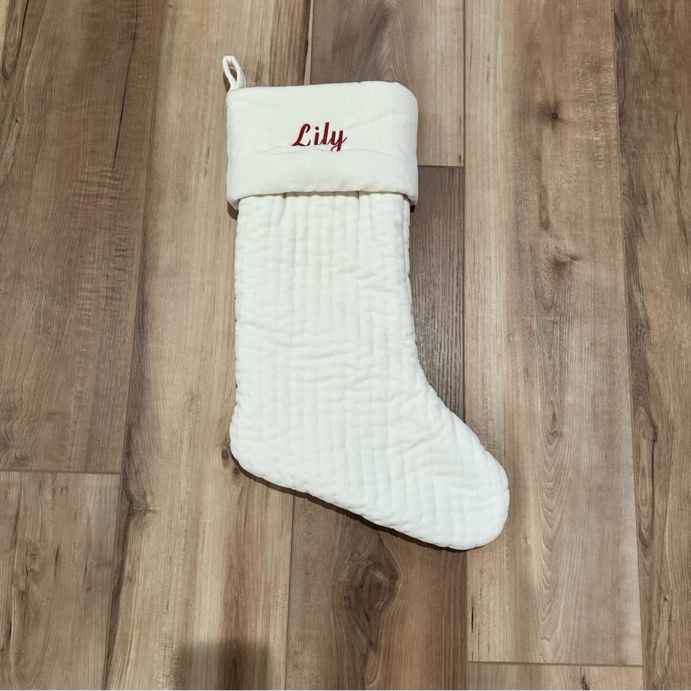 Pottery Barn Ivory Channel Quilted Velvet Stockings Embroidered Lily